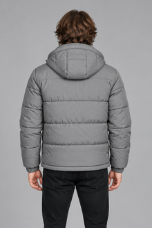 Men's Quilted Puffer Jacket with Detachable Hood in Grey – front view