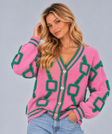 Women’s Patterned V-Neck Cardigan – Lightweight Geometric Knit with Striped Trims