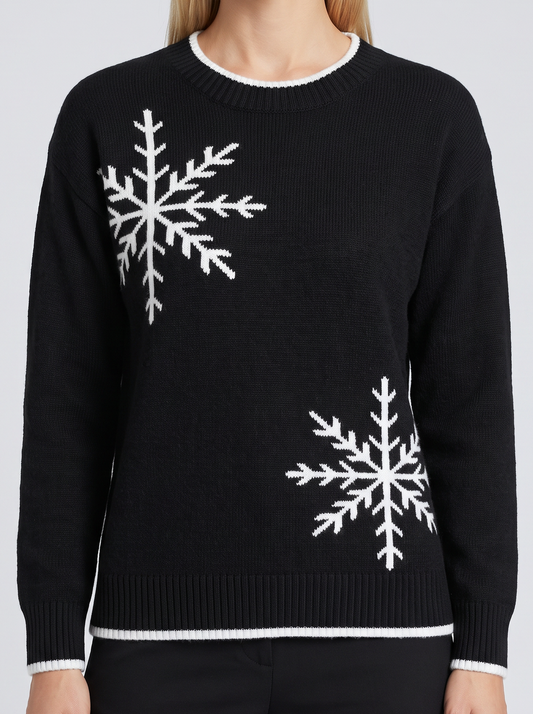 Women's Christmas Jumper – Black Snowflake Knitted Jumper – front view