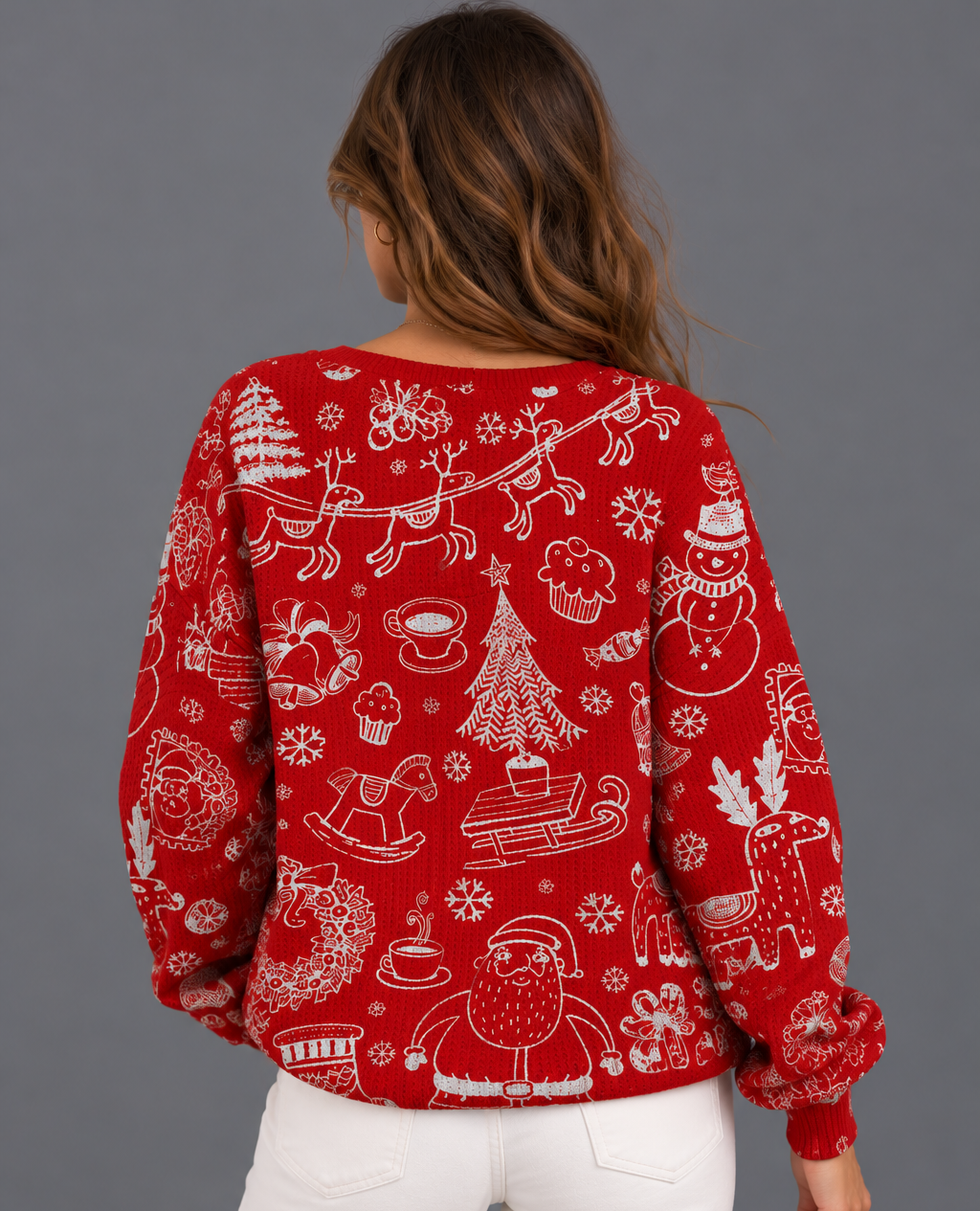 Women's Christmas Jumper – Festive Doodle Print Waffle Knit Henley