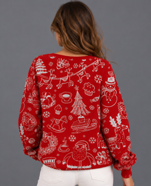 Women's Christmas Jumper – Festive Doodle Print Waffle Knit Henley