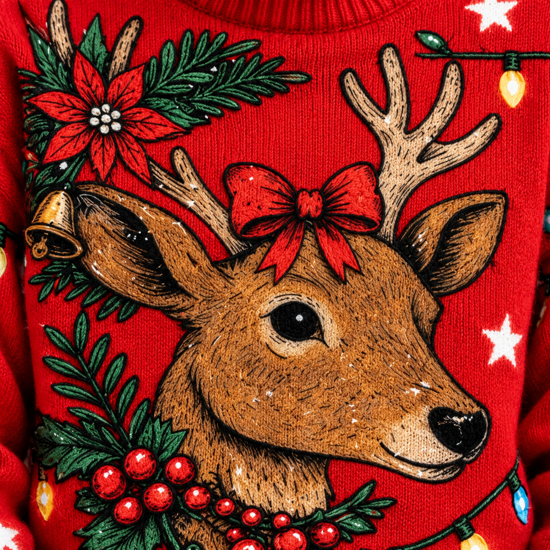 Women's Red Christmas Jumper – Cosy Reindeer Knit with Roll Neck