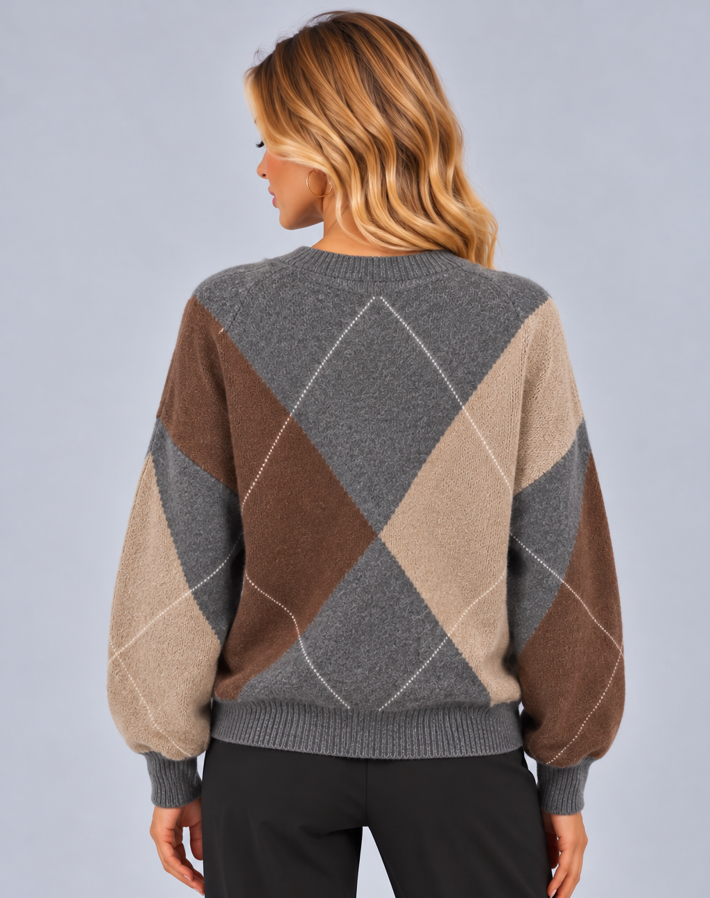 Women’s V-Neck Argyle Jumper – Loose Fit Diamond Pattern Knit Pullover
