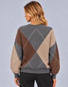 Women’s V-Neck Argyle Jumper – Loose Fit Diamond Pattern Knit Pullover