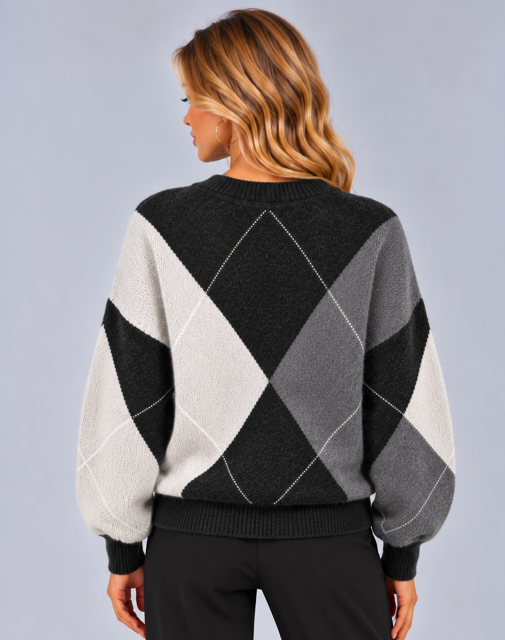 Women’s V-Neck Argyle Jumper – Loose Fit Diamond Pattern Knit Pullover