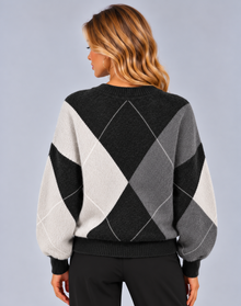 Women’s V-Neck Argyle Jumper – Loose Fit Diamond Pattern Knit Pullover
