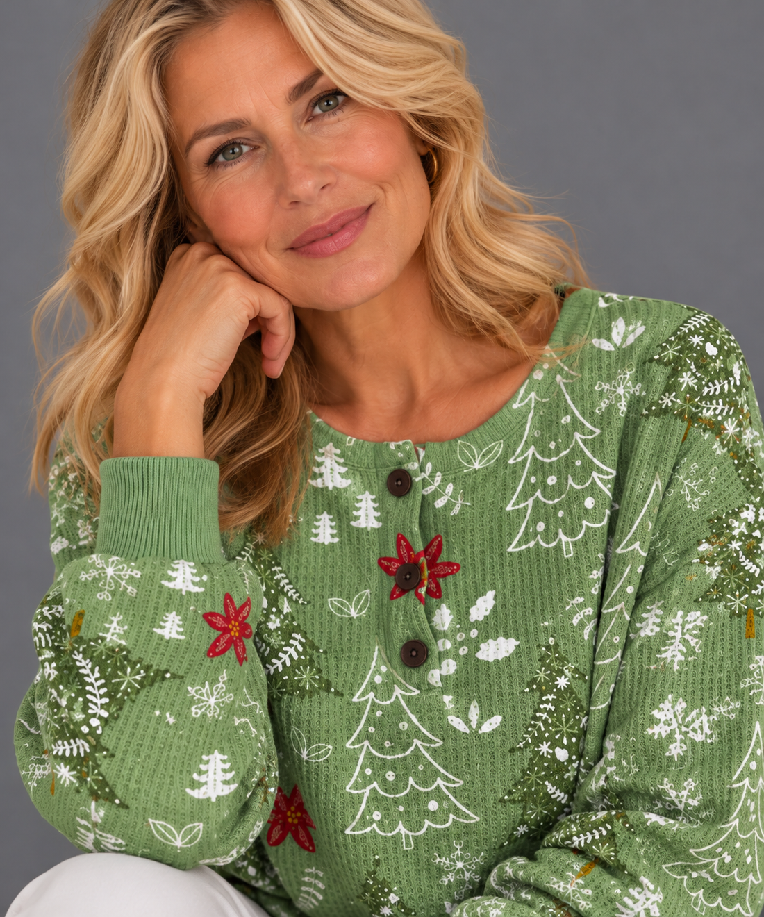 Women's Christmas Jumper – Christmas Tree & Poinsettia Waffle Knit Henley