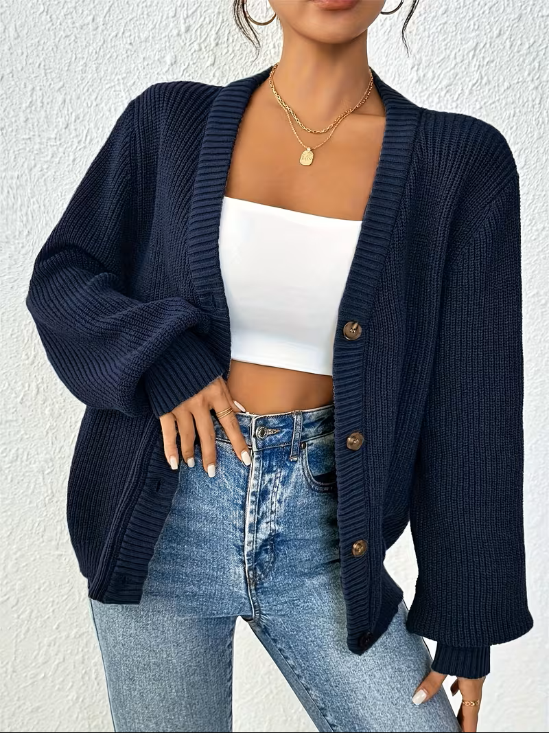 Women's Relaxed Button Front Cardigan in Navy