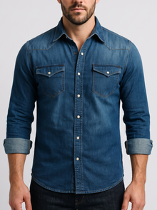Men's Denim Shirt in Dark Blue – front view