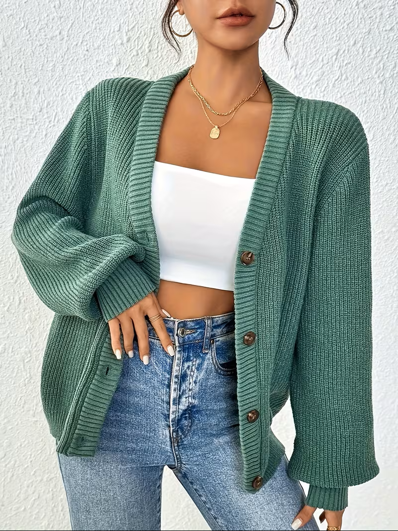 Women's Relaxed Button Front Cardigan in Green