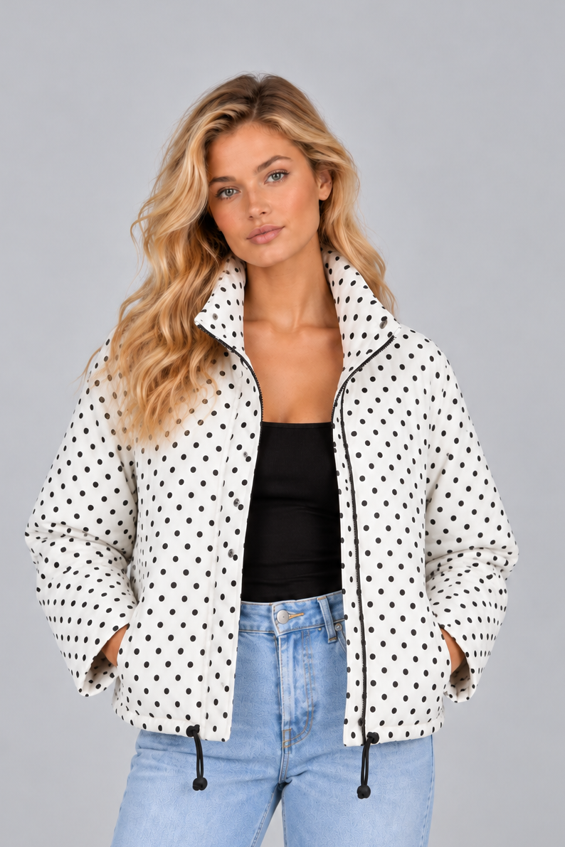 Women’s Polka Dot Cropped Jacket – Zip Up High Collar Drawstring Coat