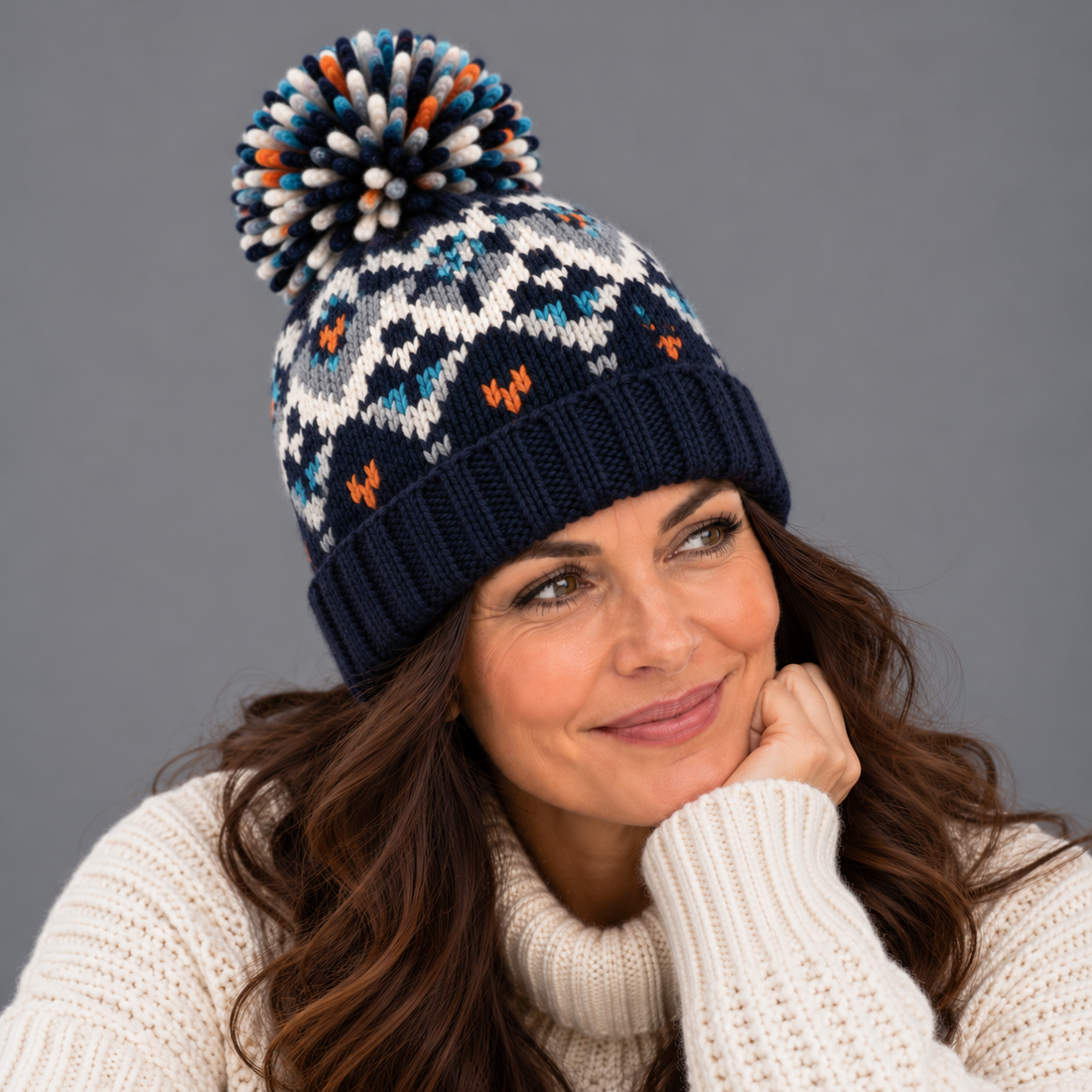 Women's Beanie Hat – Snowflake Knit Bobble Hat with Pom Pom & Ribbed Cuff
