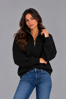 Women's Ribbed Half Zip Pullover – Casual Knit Zip Neck Jumper