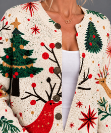 Women's Christmas Cardigan – Reindeer & Christmas Tree Knit V-Neck Button-Front Jumper