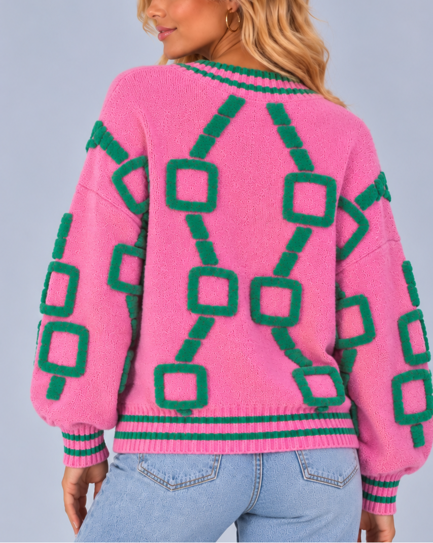 Women’s Patterned V-Neck Cardigan – Lightweight Geometric Knit with Striped Trims