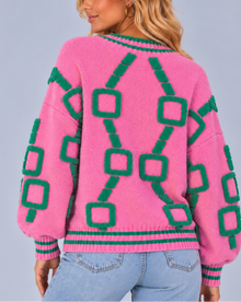 Women’s Patterned V-Neck Cardigan – Lightweight Geometric Knit with Striped Trims