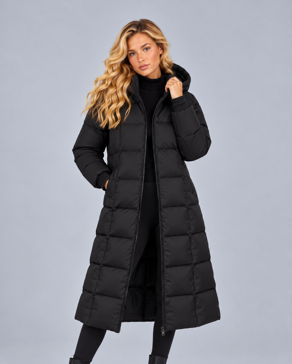 Women’s Long Puffer Coat with Hood – Longline Padded Winter Coat with Pockets