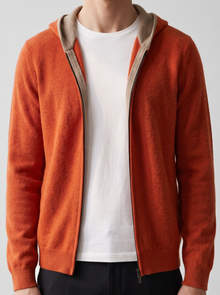 Men's Knitted Zip Up Hoodie in Burnt Orange – front view