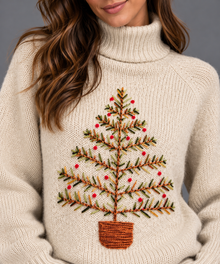 Women's Embroidered Christmas Tree Jumper | High Neck Knit