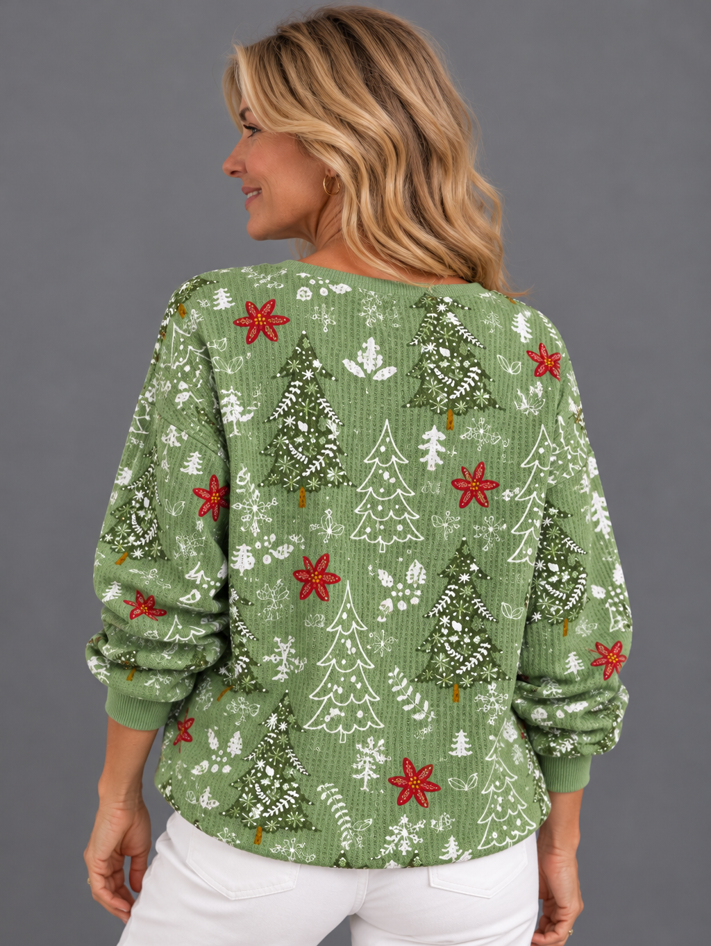 Women's Christmas Tree & Poinsettia Waffle Knit Henley Jumper in Green – styled view