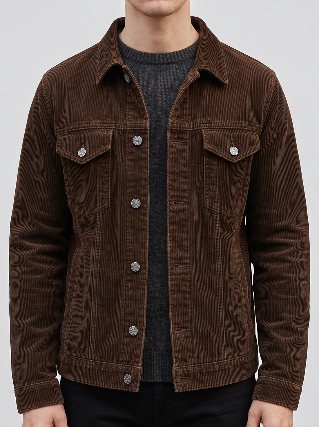 Men's brown corduroy trucker jacket – front