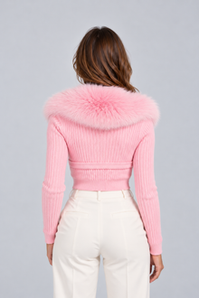 Women’s Plush Faux Fur Collar Cardigan – Ribbed Button Front Knitwear