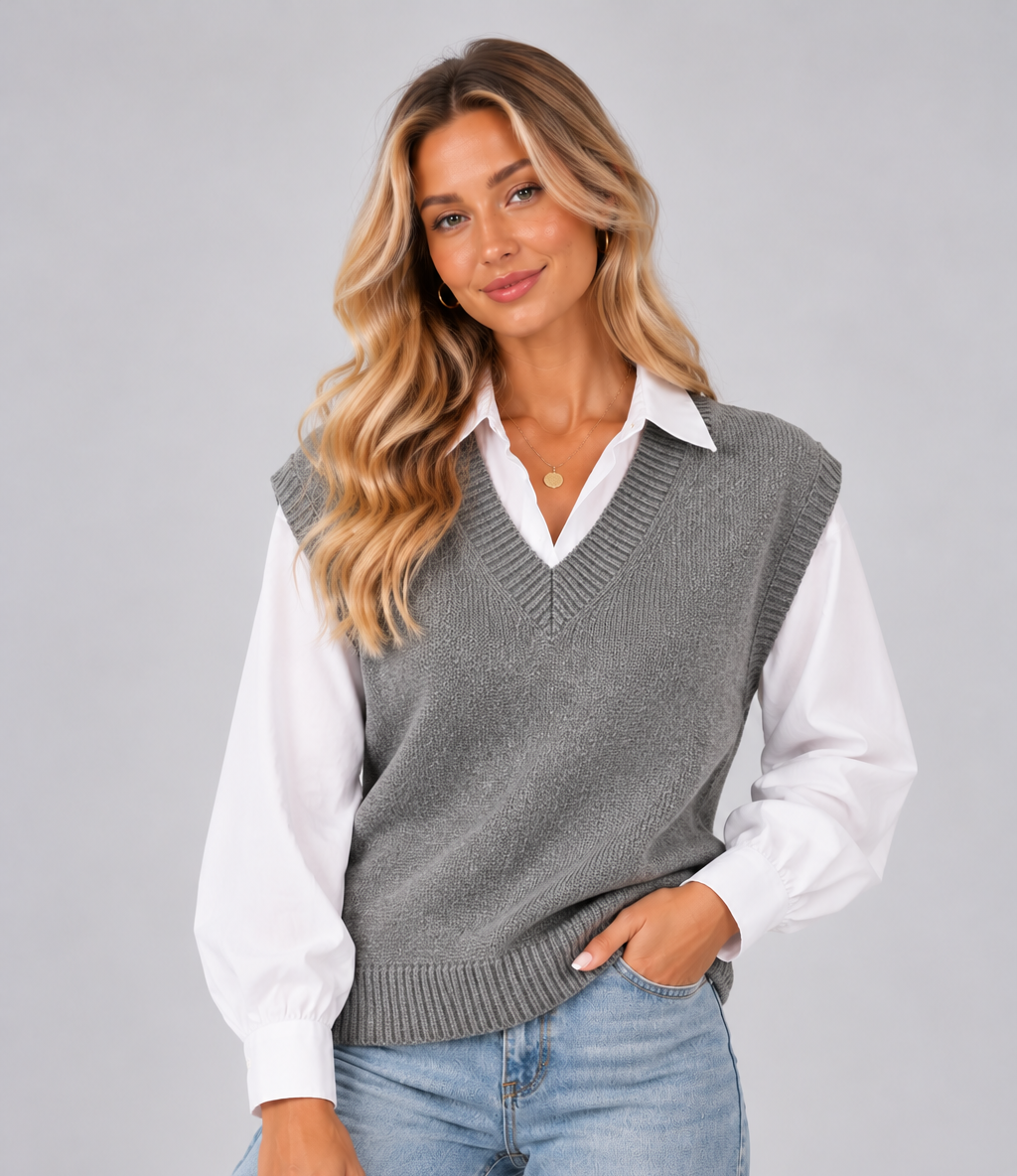 Women’s V-Neck Sweater Vest – Loose Fit Knitted Tank Top, Sleeveless Jumper