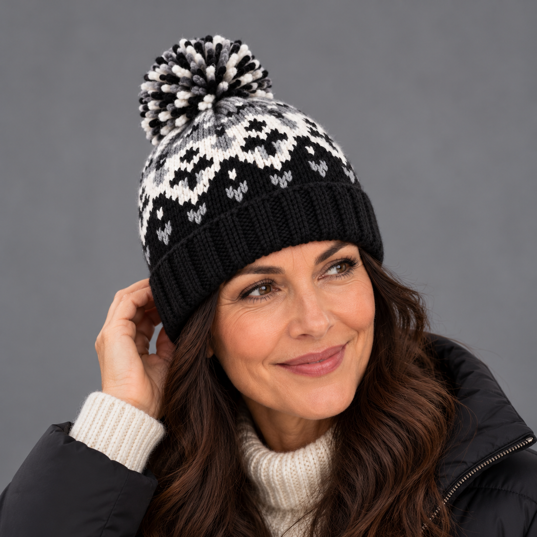 Women's Beanie Hat – Snowflake Knit Bobble Hat with Pom Pom & Ribbed Cuff