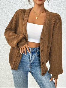 Women's Relaxed Button Front Cardigan in Brown