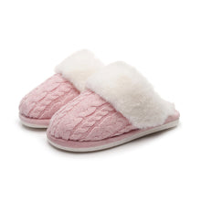 Women's cable knit fluffy slippers in pink with cream faux fur trim