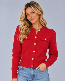 Women’s Cropped Ribbed Cardigan – Round Neck Fitted Knit with Gold Buttons