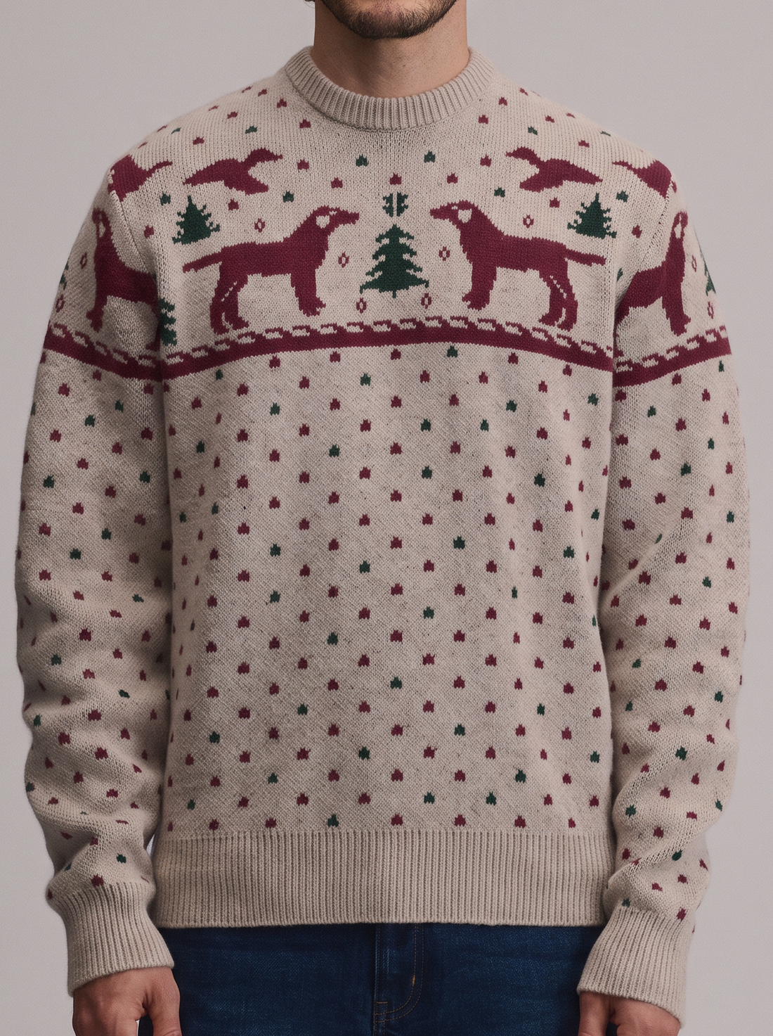 Men's Dog Christmas Jumper in Oatmeal – front view