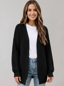 Women's Chunky Knit Cardigan in Black – front view