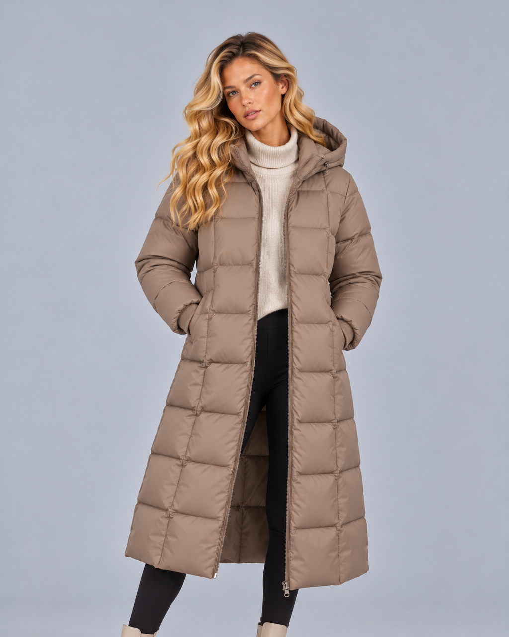 Women’s Long Puffer Coat with Hood – Longline Padded Winter Coat with Pockets