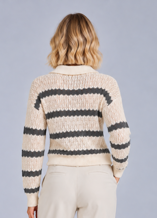 Women’s Striped Collared Jumper – Relaxed Knit Polo Collar Sweater
