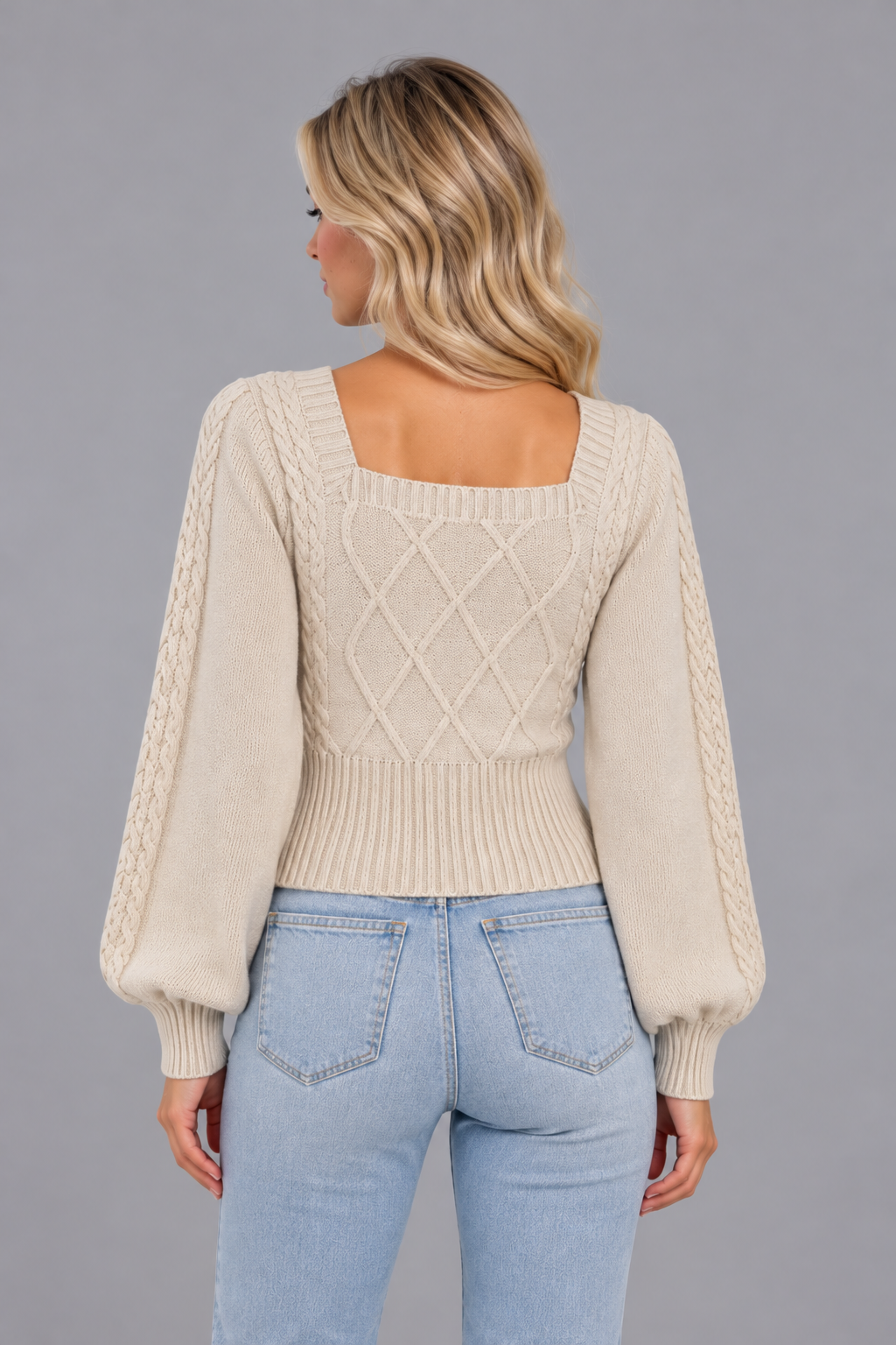 Women’s Square Neck Cable Knit Jumper – Balloon Sleeve Fitted Sweater