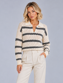 Women’s Striped Collared Jumper – Relaxed Knit Polo Collar Sweater