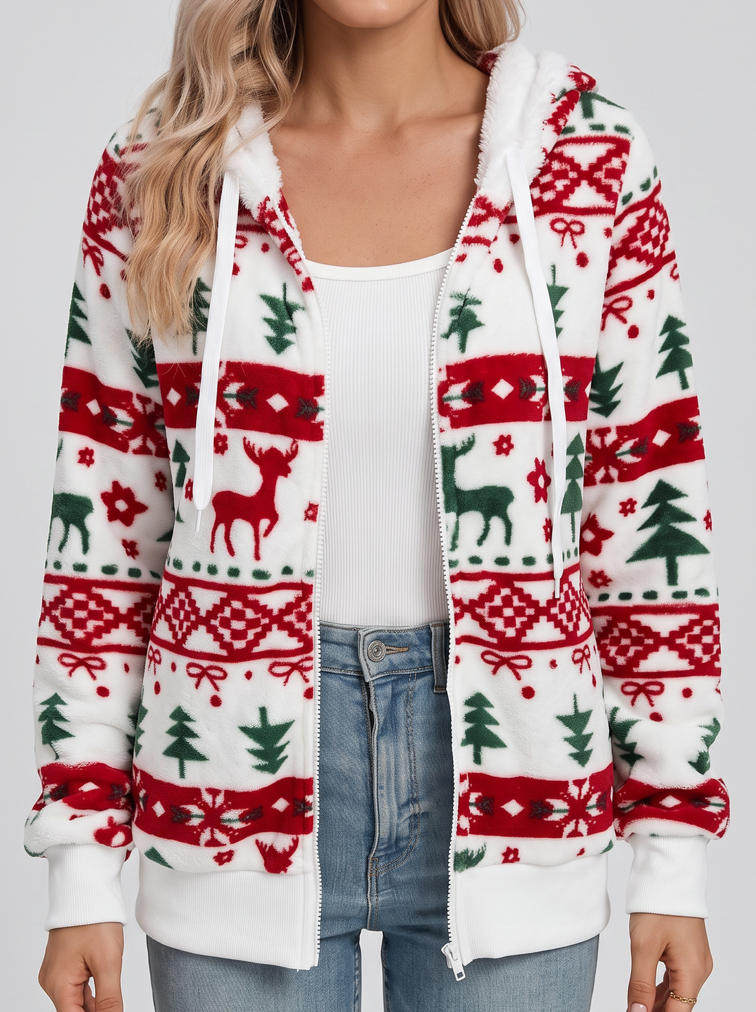 Women's Christmas Hoodie – Fluffy Reindeer Fair Isle Zip Up Hoodie – front view