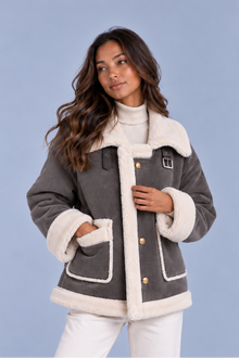 Women’s Faux Shearling Suede Look Jacket – Aviator Style Coat