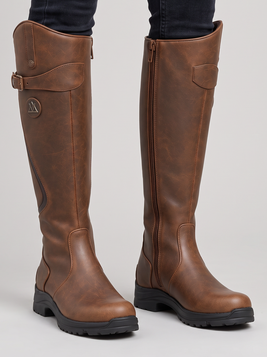 Women's Waterproof Knee High Boots with Lug Sole in Dark Brown – front view