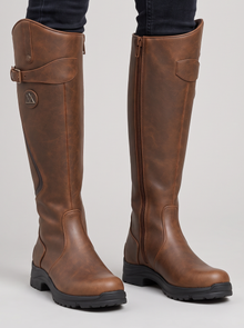 Women's Waterproof Knee High Boots with Lug Sole in Dark Brown – front view