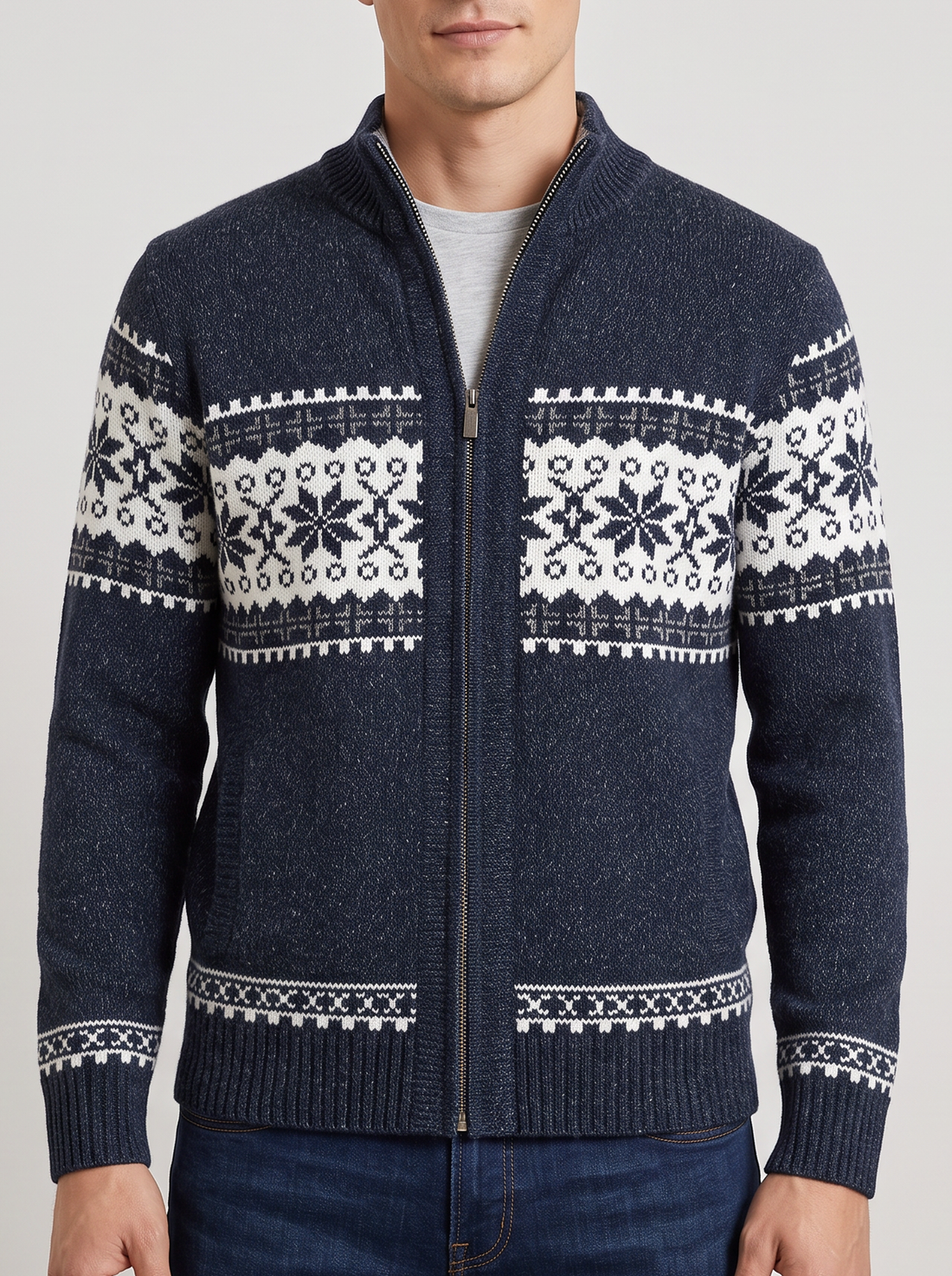Men's Knitted Zip Jacket – Nordic Fair Isle Wool Blend Cardigan in Navy – front view