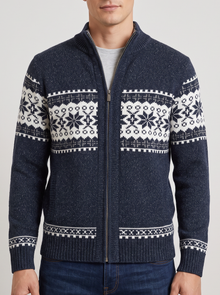 Men's Knitted Zip Jacket – Nordic Fair Isle Wool Blend Cardigan in Navy – front view