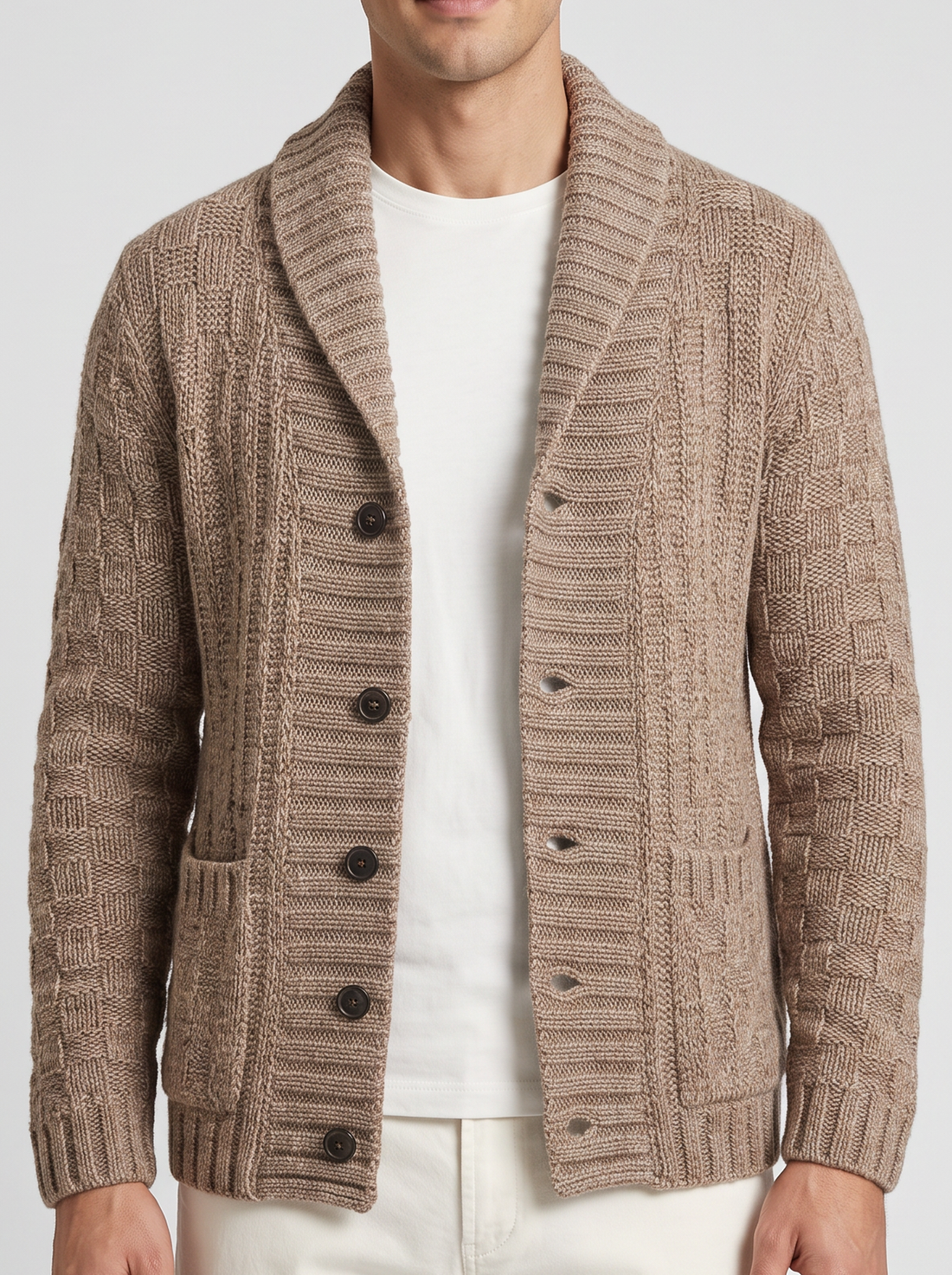 Men's brown shawl collar cardigan – front