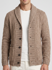 Men's brown shawl collar cardigan – front