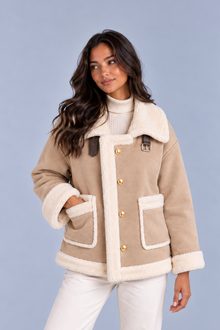 Women’s Faux Shearling Suede Look Jacket – Aviator Style Coat