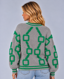 Women’s Patterned V-Neck Cardigan – Lightweight Geometric Knit with Striped Trims