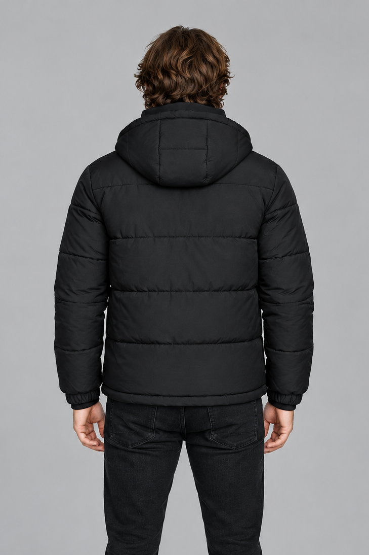 Men's Quilted Puffer Jacket with Detachable Hood in Black – front view
