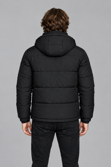 Men's Quilted Puffer Jacket with Detachable Hood in Black – front view