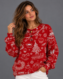 Women's Christmas Jumper – Festive Doodle Print Waffle Knit Henley